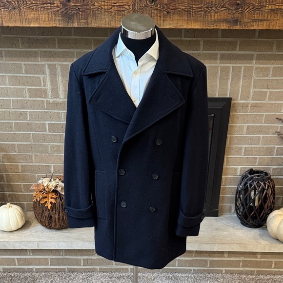 Jos. A. Bank mens L Large navy blue solid wool blend pea coat EUC - Picture 1 of 5
